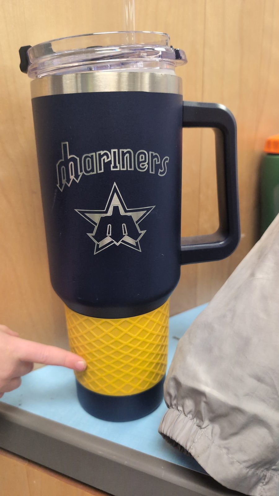 Gray, yellow, and navy water bottle